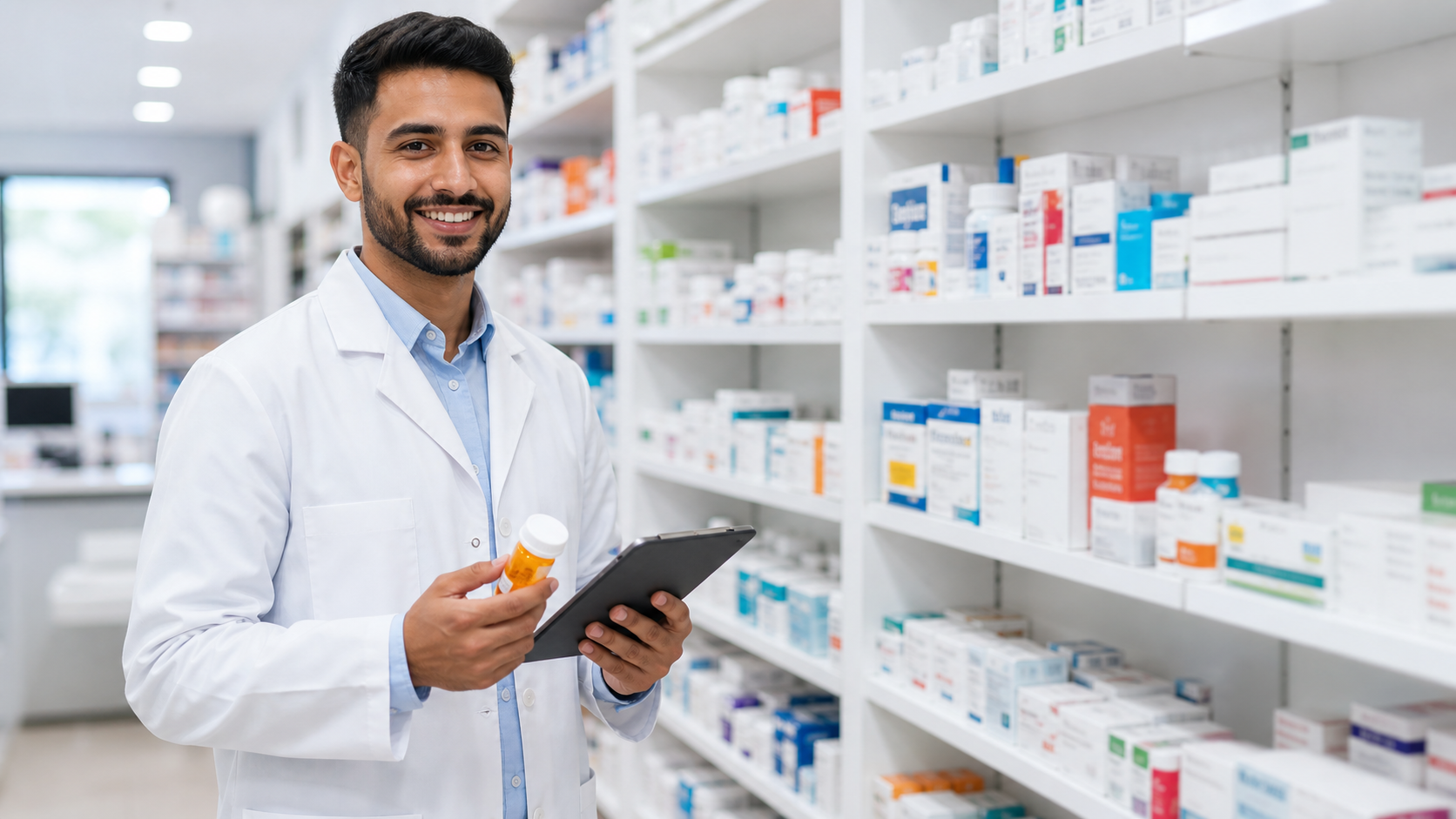 MediServ male pharmacist working in a modern pharmacy